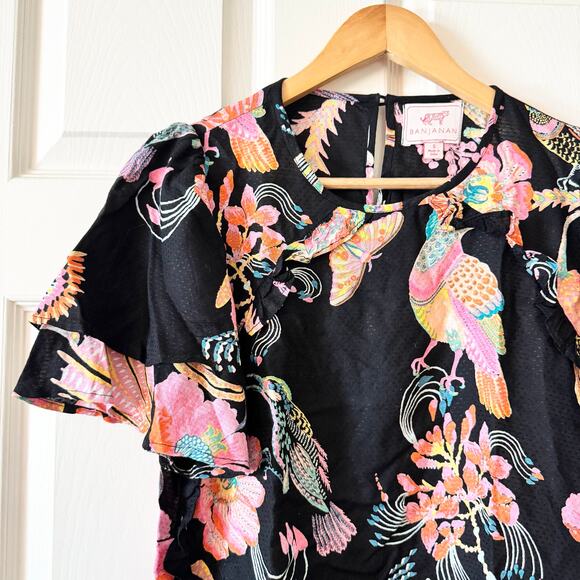 Anthropologie Banjanan Black Floral Bird Ruffle Blouse - Picture 2 of 8